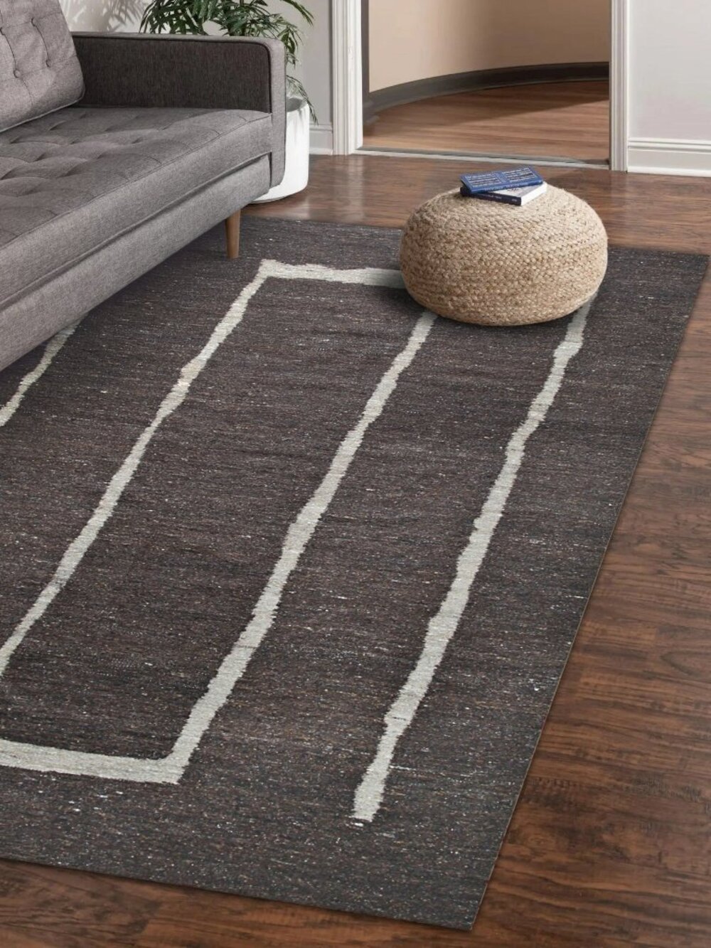 Brown Ivory Flatweave Wool Area Rug 4' x 6' Handmade Modern Minimal - Picture 2 of 5